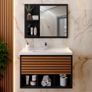 Gabinete para Banheiro Isa com Pia e Espelho 1 Porta Nichos e Prateleiras Branco Várias Cores em Oferta na Shopee