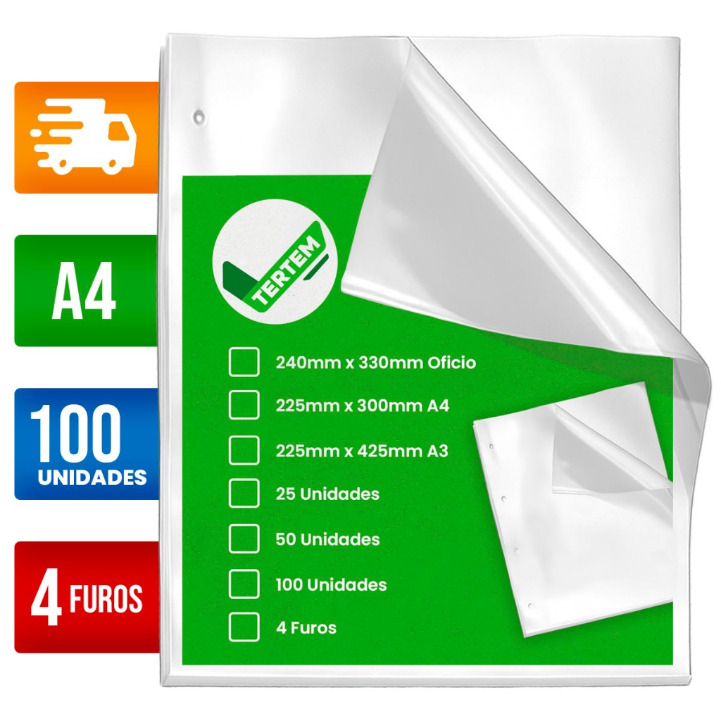 Envelope 4 Furos Plástico A4 24x30cm 100 un Transparente Resistente | Refil Saco Para Pasta Catálogo