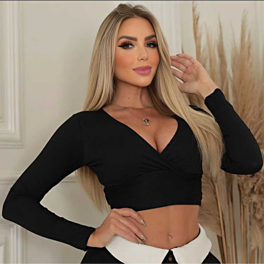 Cropped Feminino Frente Transpassada Manga Longa Liso Suplex em Oferta na Shopee