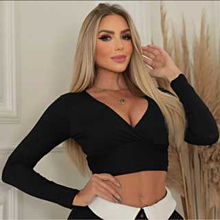 Cropped Feminino Frente Transpassada Manga Longa Liso Suplex em Oferta na Shopee