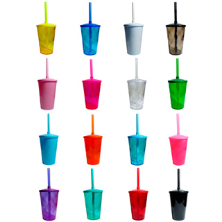 KIT 10 COPOS TWISTER CRISTAL 300ML COM TAMPA E CANUDO COLORIDOS PARA ADESIVAR E PERSONALIZAR em Oferta na Shopee