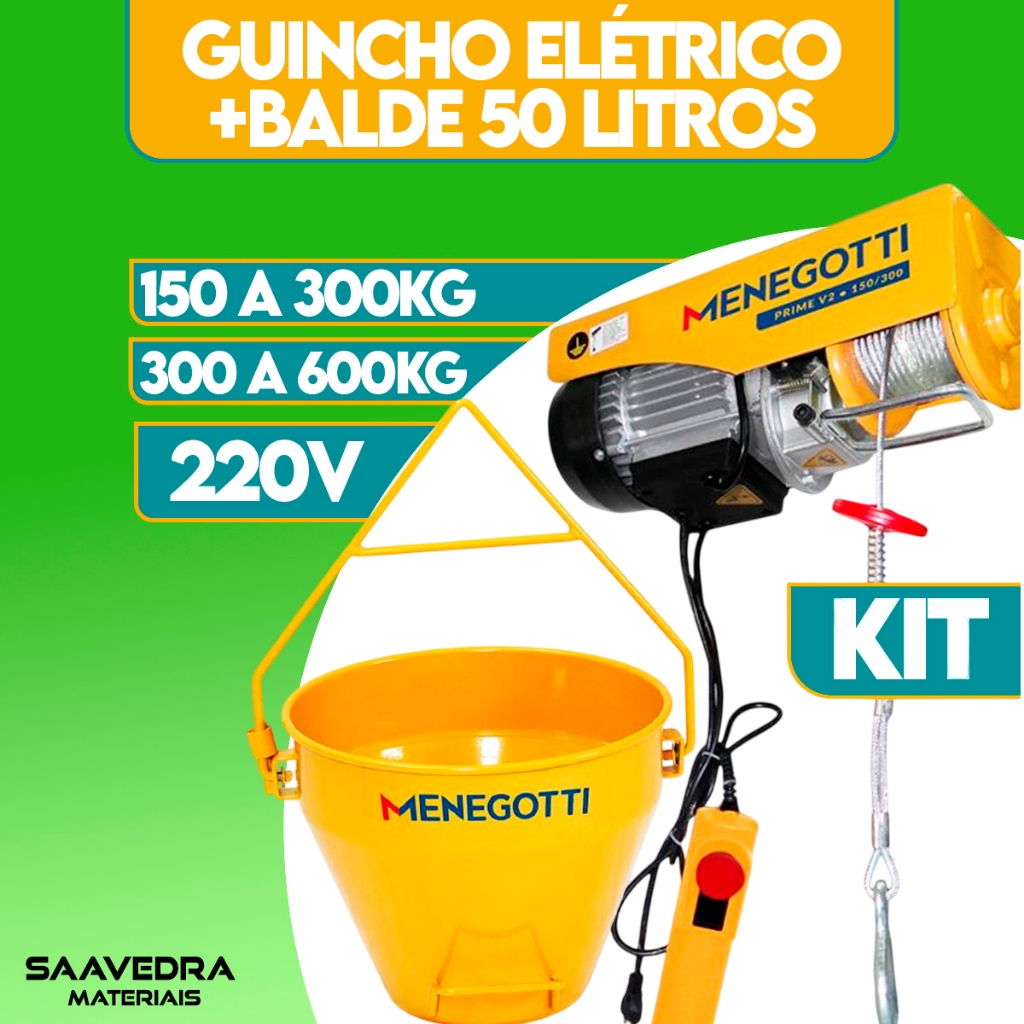 Guincho Elétrico menegotti 150/300kg a 300/600kg com Balde 50L