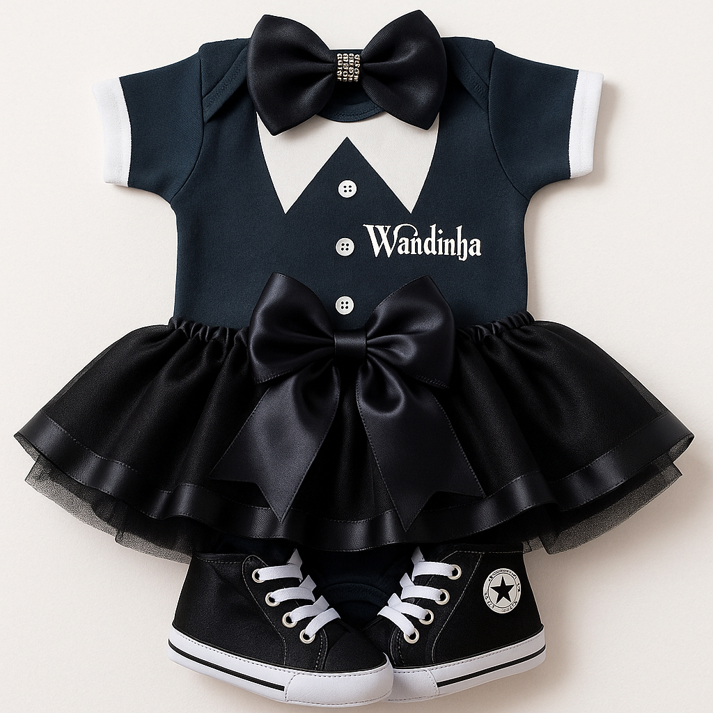 Body Bebê Mesversário Familia Adams Fantasia Wandinha saia & laço & tenis