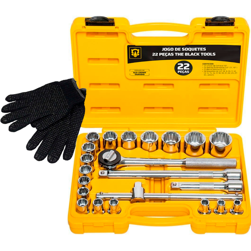Jogo De Soquete 1/2 Polegadas Chave Catraca Reversível 22 Peças The Black Tools Com Luvas em Oferta na Shopee