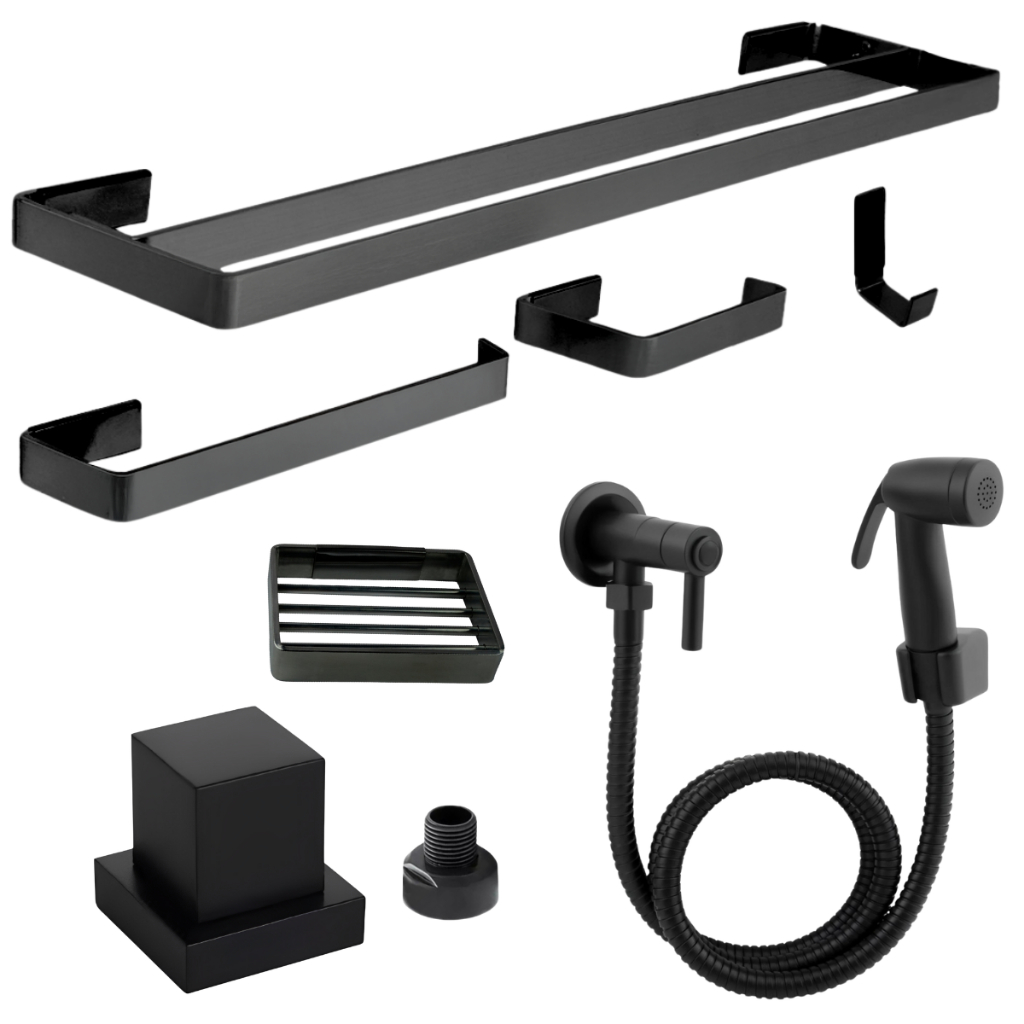Kit Acessórios Duplo Banheiro Preto Fosco + Ducha Higiênica + Acabamento Docol +