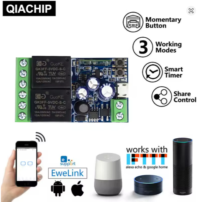 Automatizador wifi interruptor inteligente dc 12v 24v 48v módulo receptor de relé de 2 canais 2.4ghz Alexa, Google, Tuya