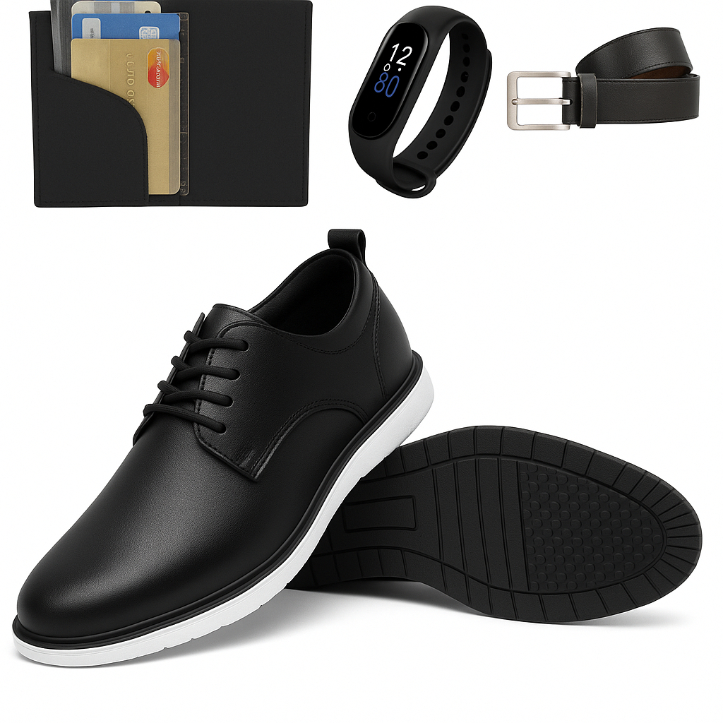 Sapato Oxford Masculino Em Couro + Cinto + Carteira & Relógio.