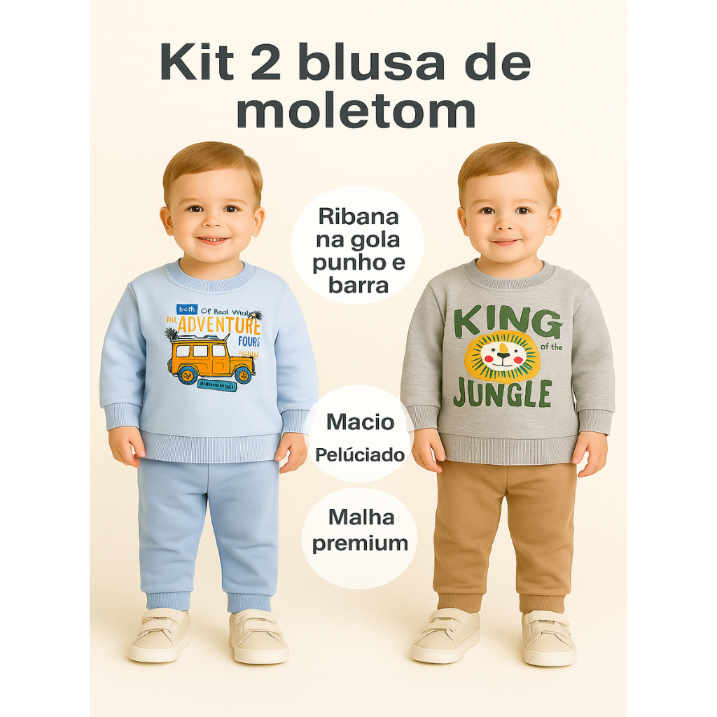 Kit 2 Blusas Moletom Infantil Estampas Divertidas Premium Inverno Quentinhas Conforto Tamanhos 1 2 3