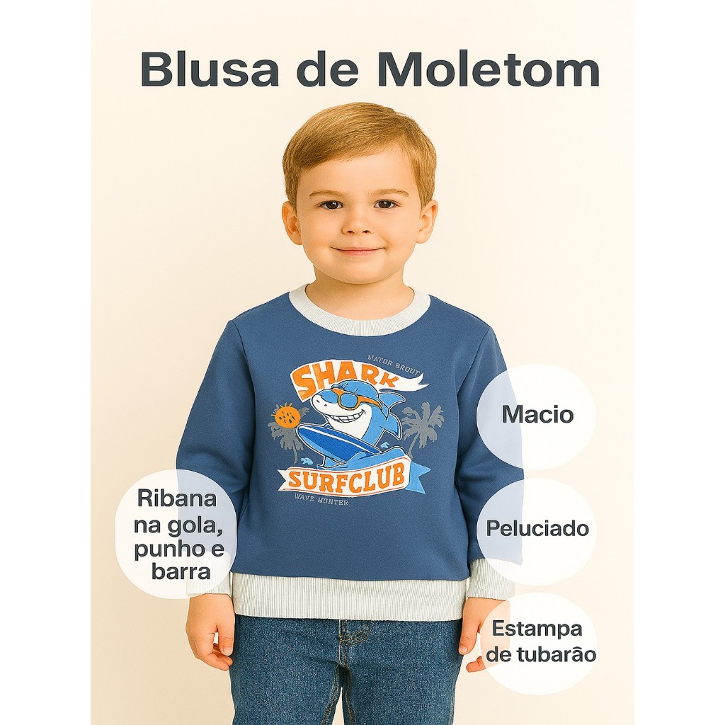 Blusa Moletom Infantil Menino Estampa Tubarão Divertido Inverno Quentinhas Conforto Tamanhos 4 6 e 8