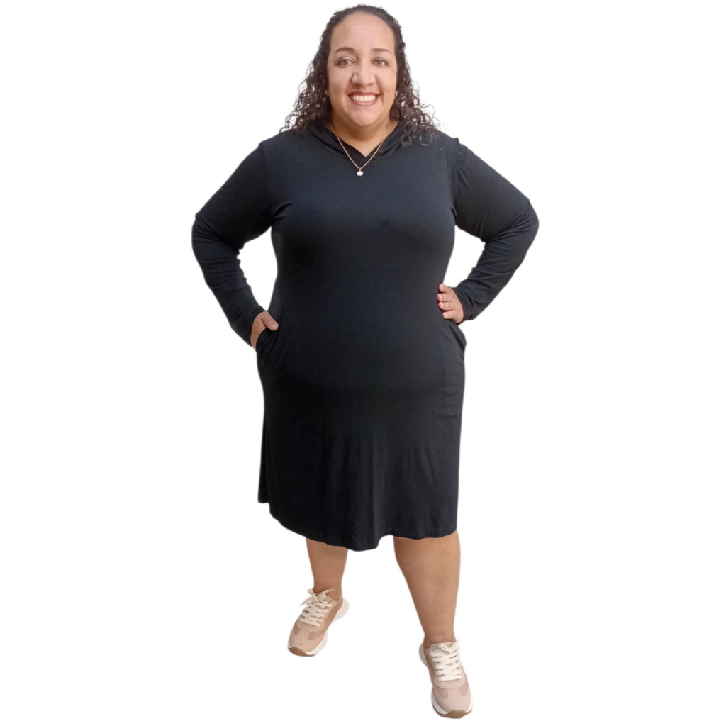 Vestido Manga Longa Tamanhos Plus Size 40 ao 64 (M ao G10) Tecido Viscolycra Capuz e Bolsos Laterais