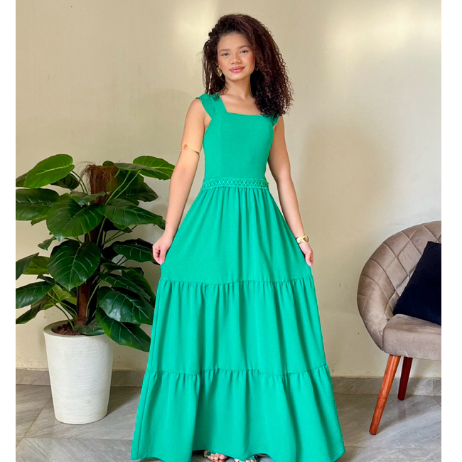 Vestido Feminina Longo Magali Luxo com Babado na Manga- Verde