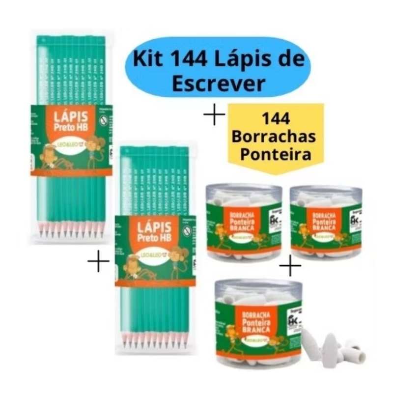 Kit 144 lápis de Escrever N°2 Preto + 144 Borracha Escolar Ponteira Branca Escola Estudo Escolar LEO&LEO / Másterprint.