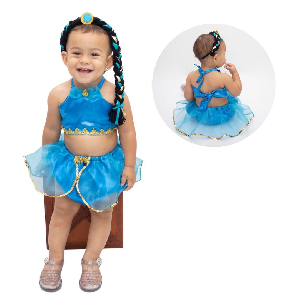 Fantasia Jasmine Azul com saia e faixa bebê menina (sem trança) – ideal para mesversario/aniversário temático princesas