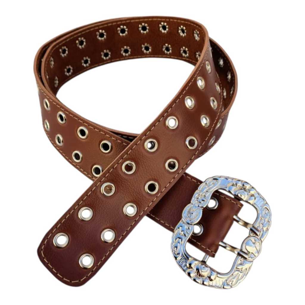 Cinto Feminino Casual com Fivela e Ilhoes Moda Elegante Country Despojado