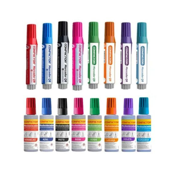 Kit 8 Canetas Quadro Branco Compactor + 8 Reabastecedores
