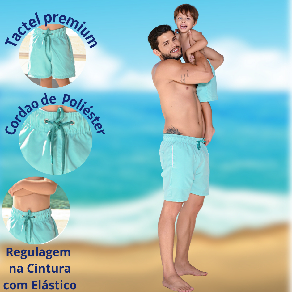 Kit Short Pai e Filho Infantil e Adulto Verde Piscina Estampa Mágica Aparece na Água Secagem Rápida em Oferta na Shopee