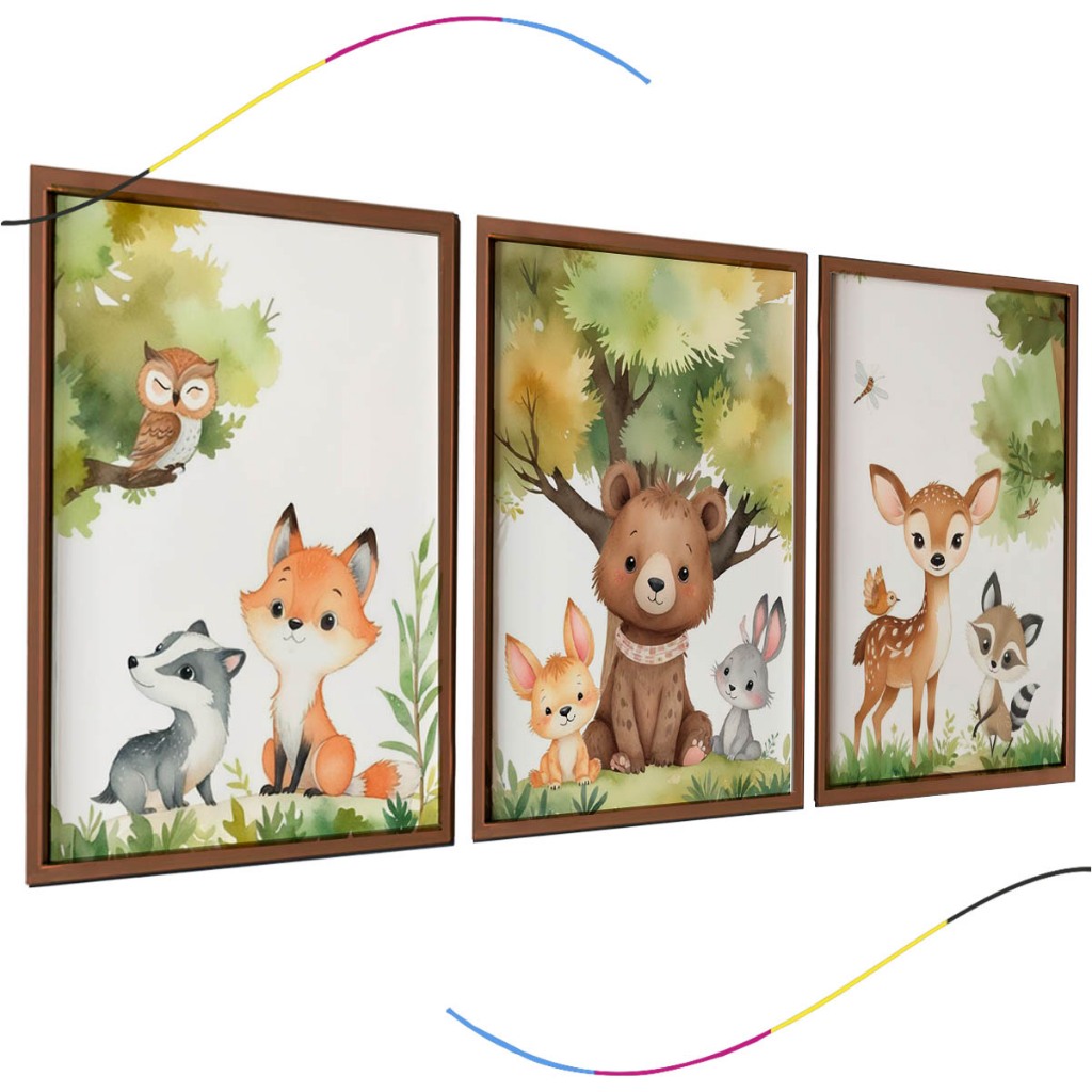 Quadro Decorativo Infantil, Animais da Floresta, 3 Peças, Arte em Aquarela com Moldura Marrom