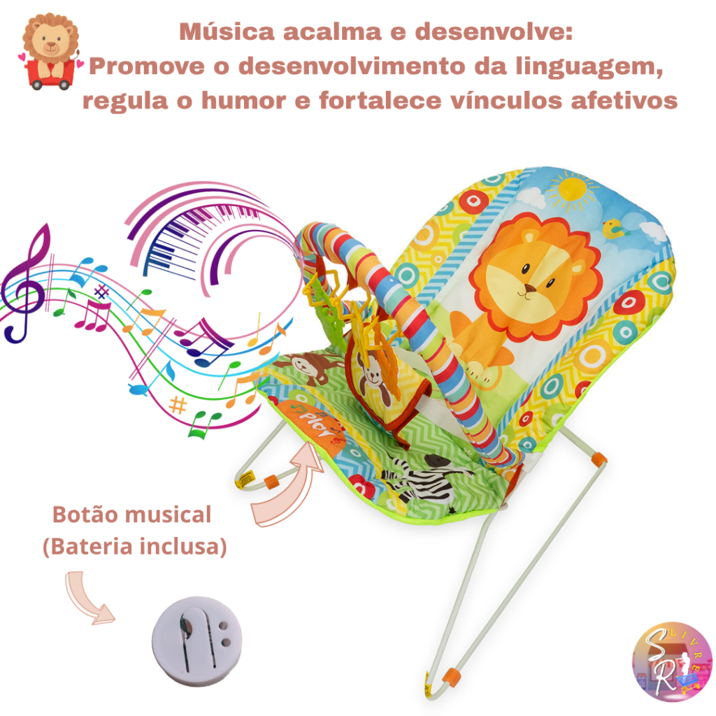 Cadeira de Descanso Bebe Infantil Musical com Móbile 2x1 (Móbile e Mordedor) 11Kg Safari/Leão-Protek