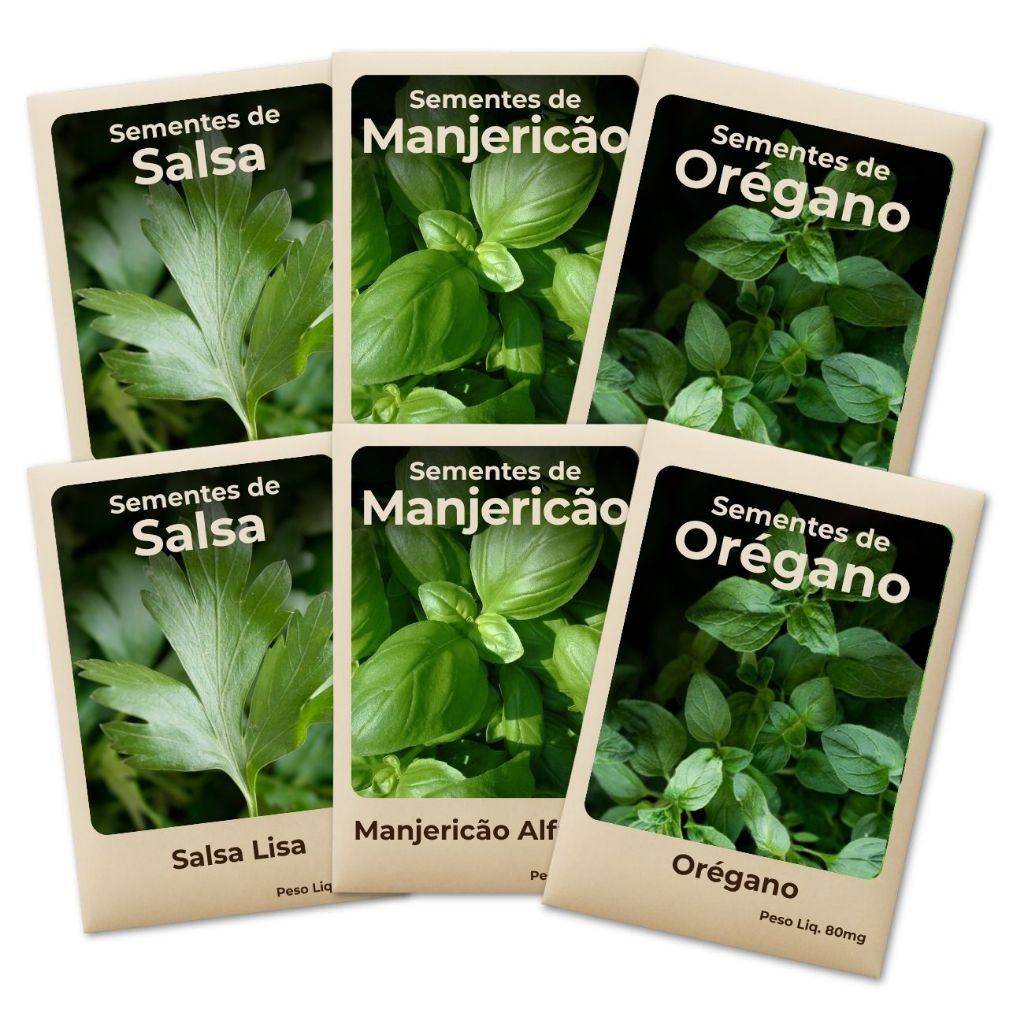Semente Orégano Manjericão e Salsa Plante o Ano Todo Cultivo Fácil e Produtivo -Combo 6 Pct