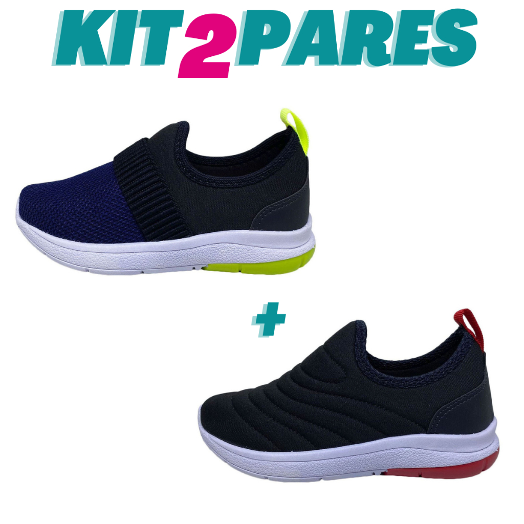 KIT 2 PARES Tenis Escolar Infantil Calce Fácil Bordado Menino e Menina em Oferta na Shopee
