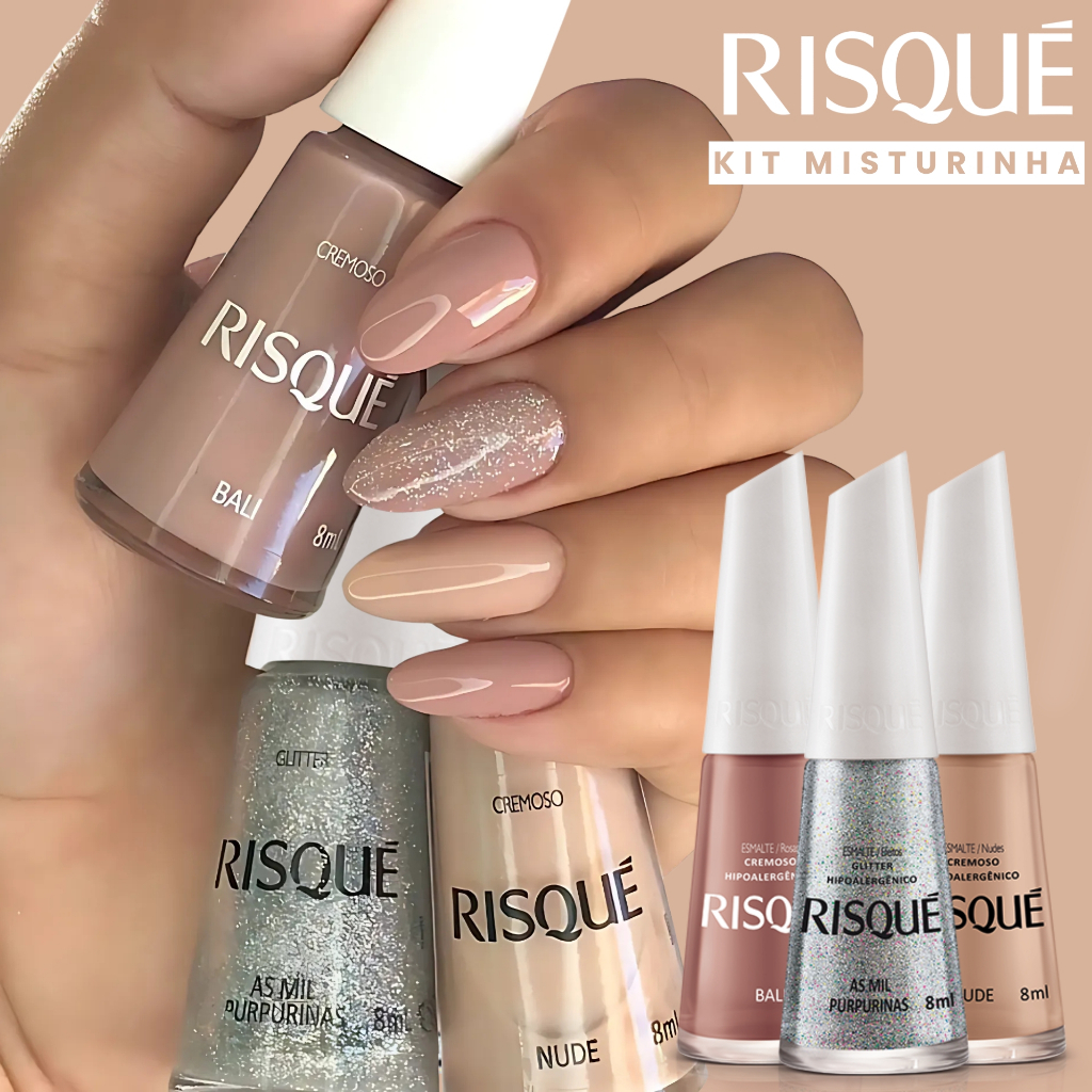 Kit Risqué Tons de Nude Unhas Sofisticadas com Glitter