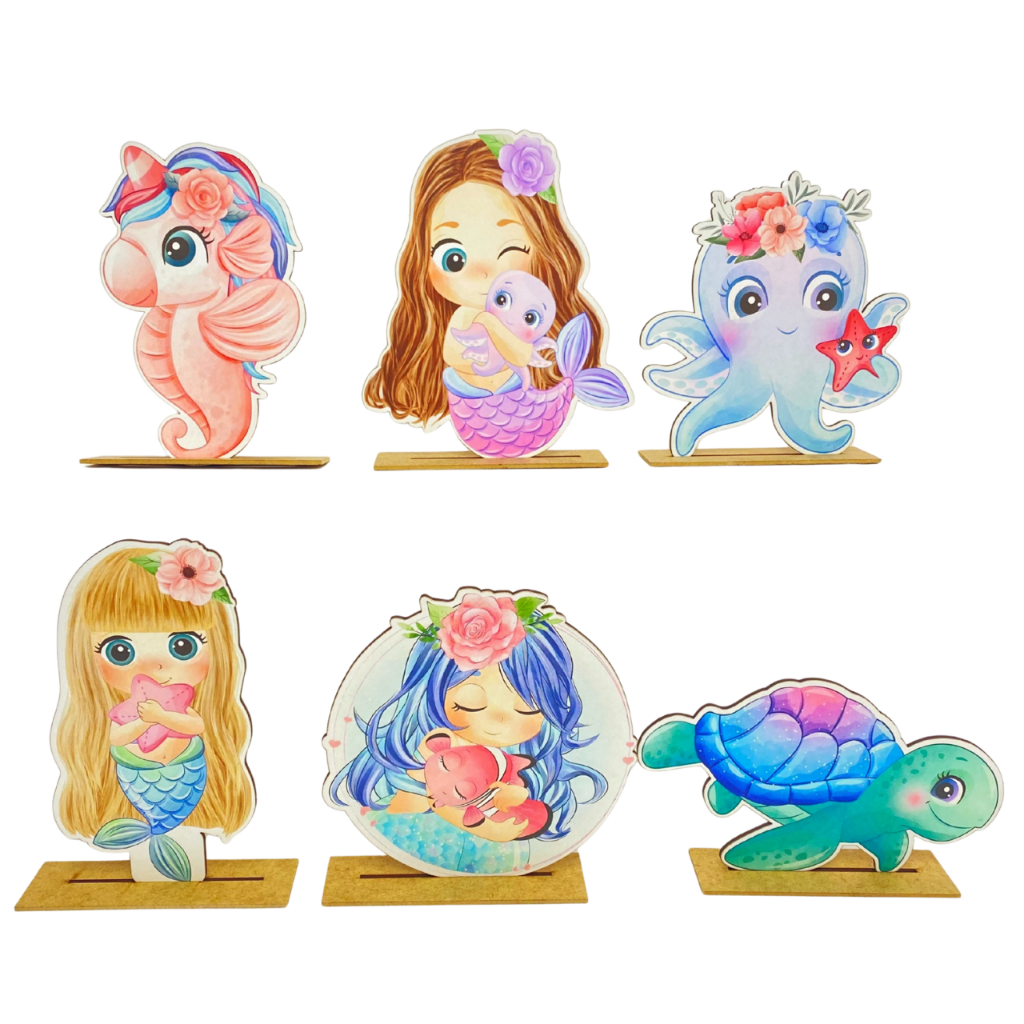 Kit Display de Mesa 6 Peças Festa Sereia Cute MDF em Oferta na Shopee