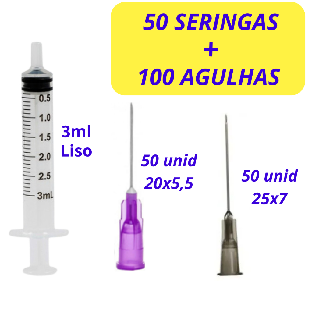 KIT 50 Seringas 3ml Liso + 100 Agulhas (50 un. 20x5,5  e 50un. 25x7)   Medix/Descarpack/SR