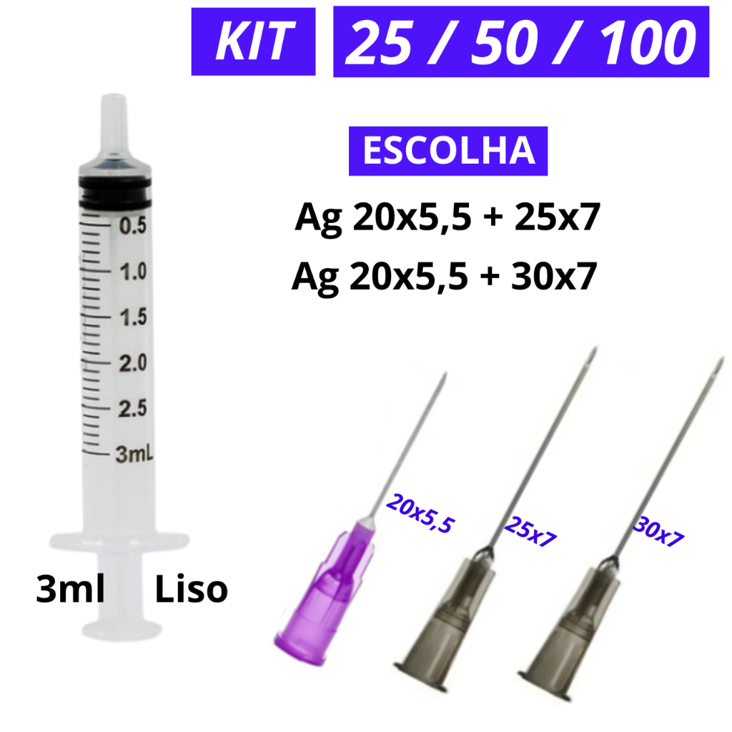 Kit 25/50/100 Unid. Seringa 3ml Liso + Agulhas 20x5,5 + 25x7 OU 30x7 Medix/Descarpack/SR