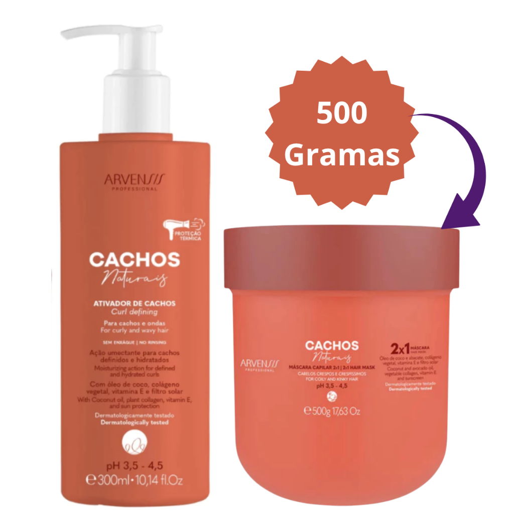 Kit Arvensis Cachos Naturais - Ativador 300ml + Máscara 2 x 1 500g para Ondulados e Cacheados em Oferta na Shopee