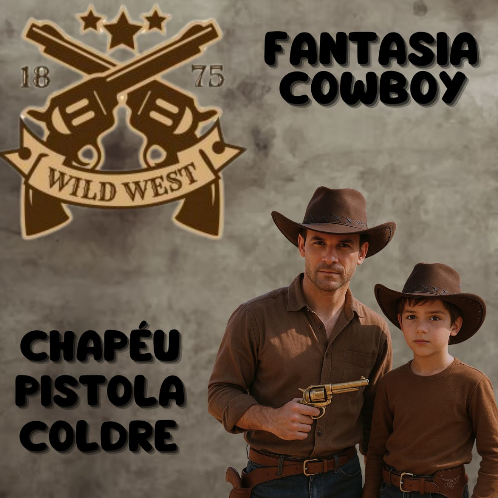Kit Cowboy Arma Chapéu Coldre Velho Oeste Fora da Lei Country Festa Carnaval Fantasia Cosplay