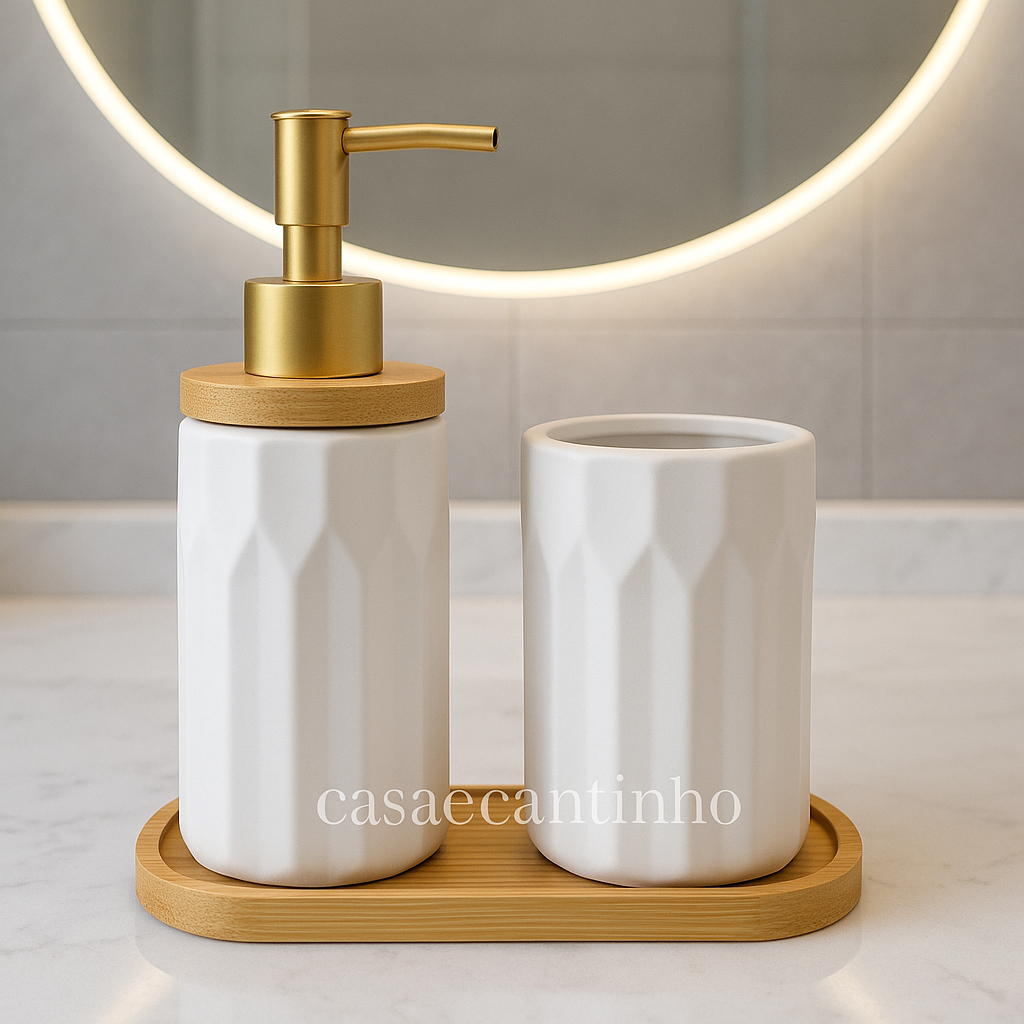 Kit Banheiro Lavabo Porta Sabonete liquido Dispenser Porta Escova Dente Cerâmica/Porcelana...