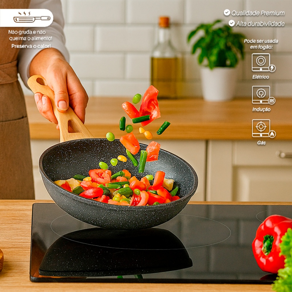 Frigideira Indução 25cm 1,7L Fundo Triplo Revestimento Antiaderente Cinza - Bhz Store