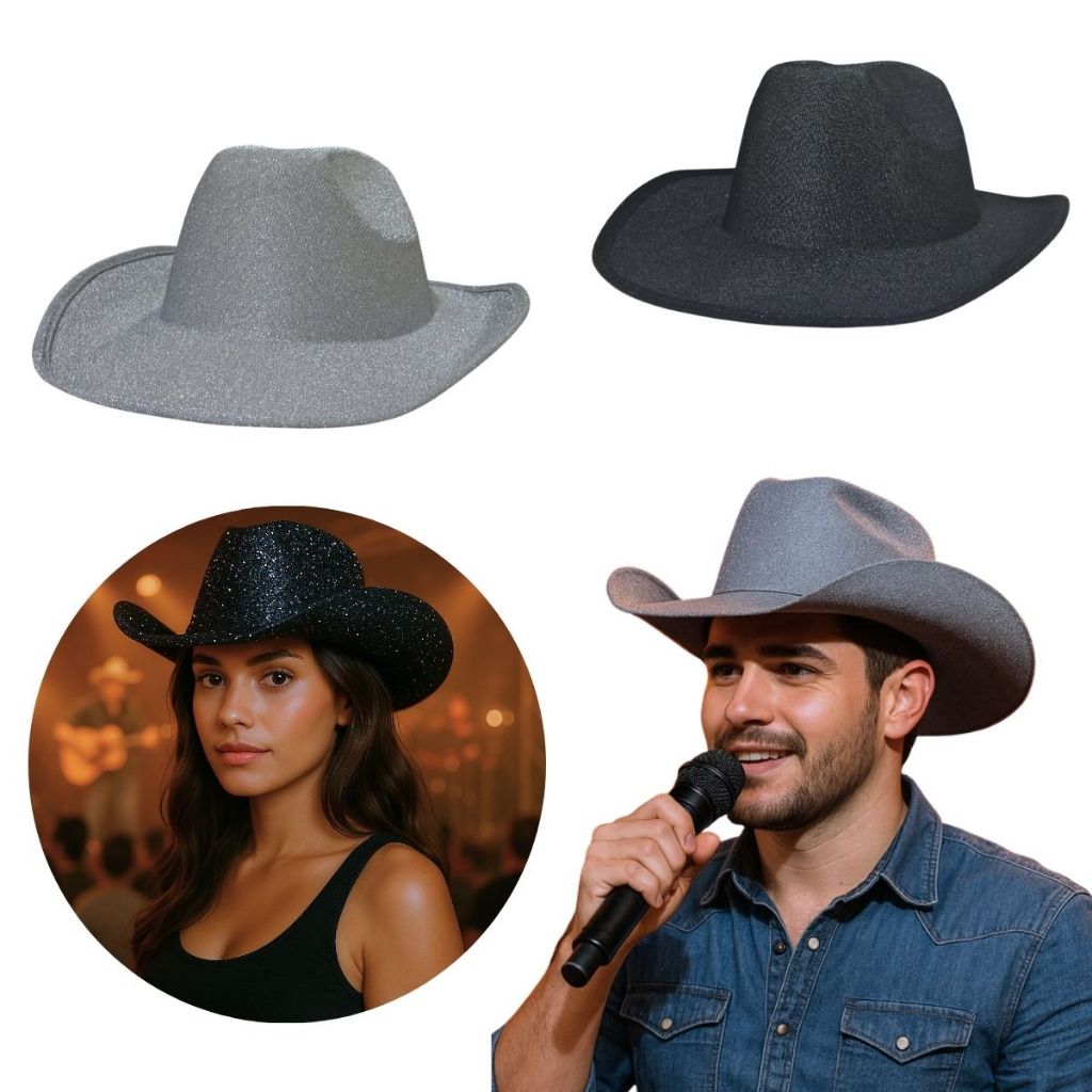 Chapéu Sertanejo Glitter Boiadeiro Barretos Country Estilo Boiadeira Cowboy Cowgirl Adulto Brilhante