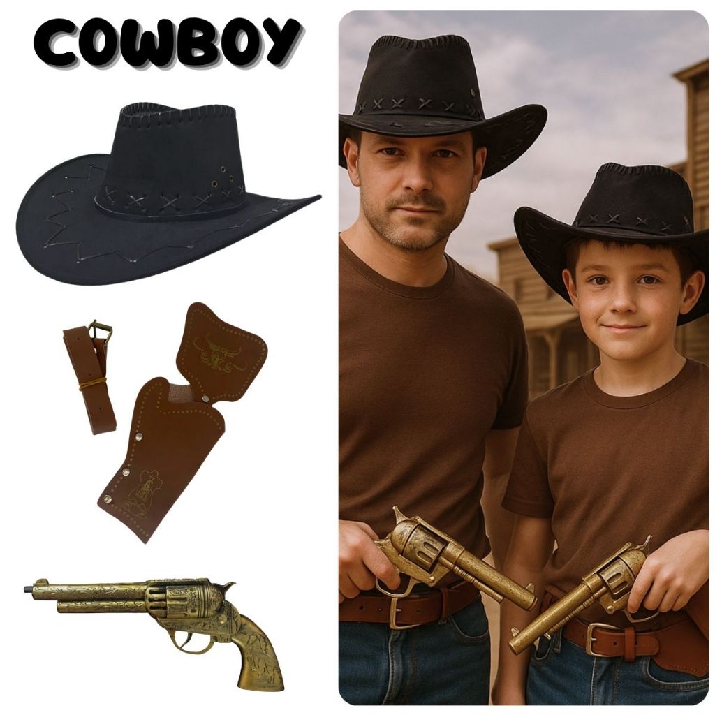 Kit Cowboy Arma Pistola Brinquedo Chapéu Coldre Velho Oeste Fora da Lei Festa Carnaval Fantasia