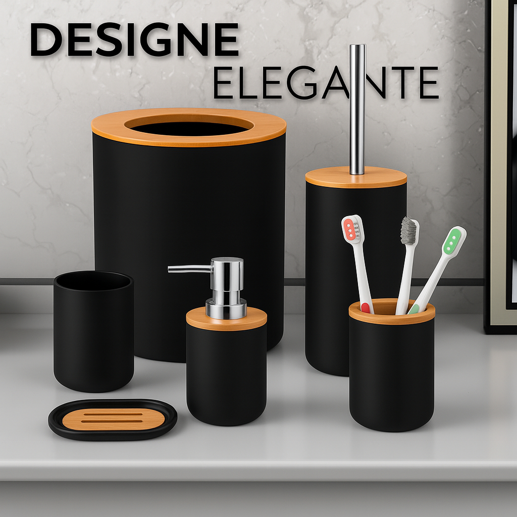 Kit Banheiro Lavabo Conjunto Acessórios lixeira escova 6 Peças Bambu Luxo Preto/Branco