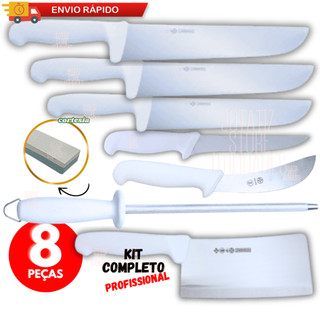 Facas Profissional 08/ 05/ 02 Kit Desossa Tira Couro Chaira Cutelo Pedra Afiar P/ Açougue Frigorífico Churrascaria