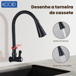 Torneira Gourmet Preta de Parede Flexível com Cone Duplo de Pulverização 1/4 KOGLD