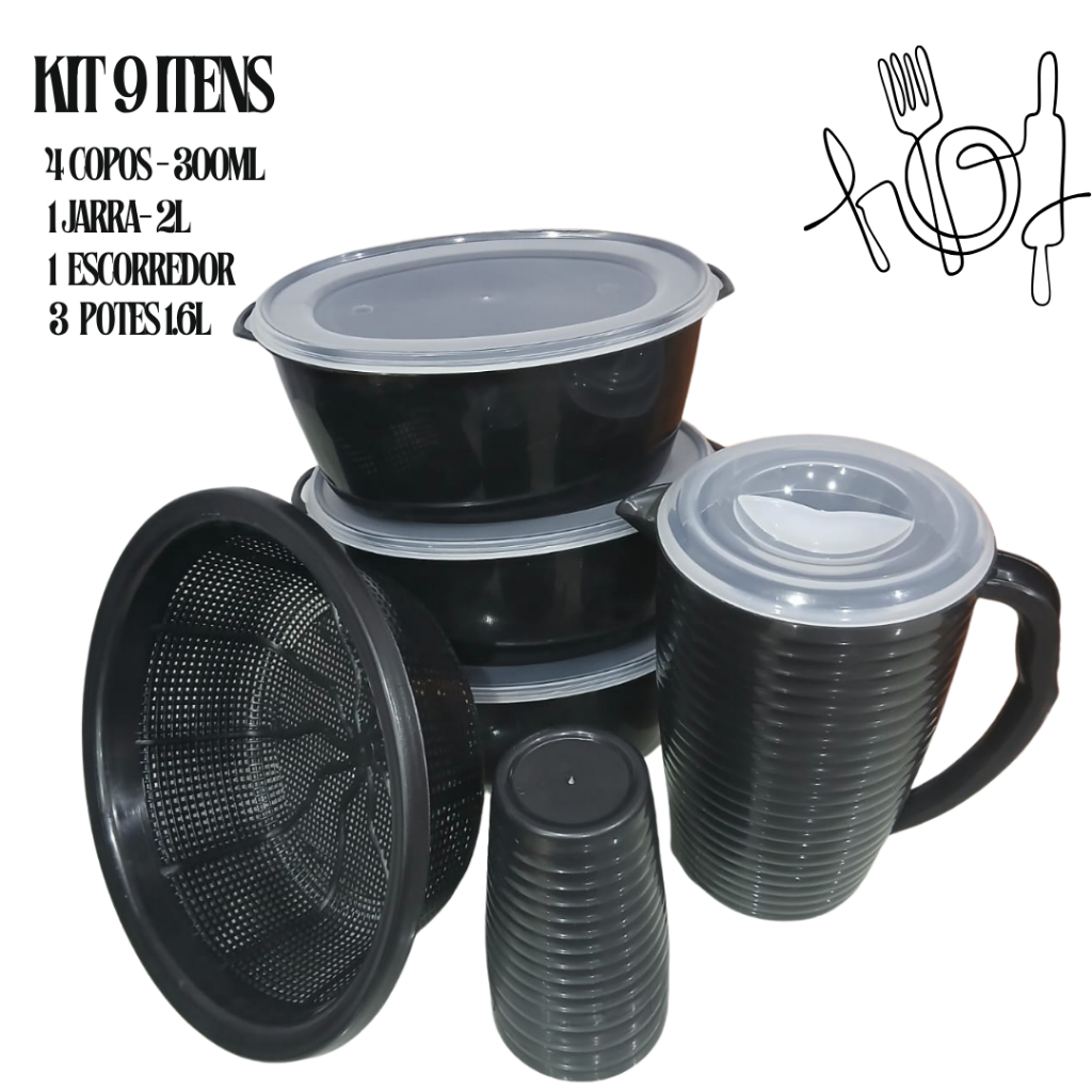 3367 - Kit Pote plástico utilidade do lar 3 potes  + 1 escorredor  + 4 copos + 1 jarra