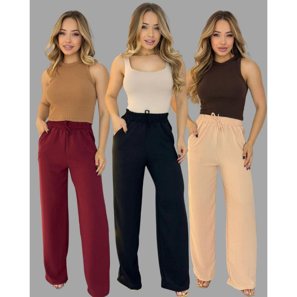 Kit 3 Calça Pantalona Cintura Alta Com Bolso Elastico na Cintura