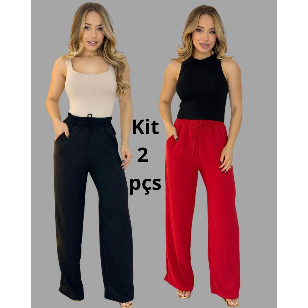 Kit 2 Calça Pantalona Cintura Alta Com Bolso Calça Com Elástico