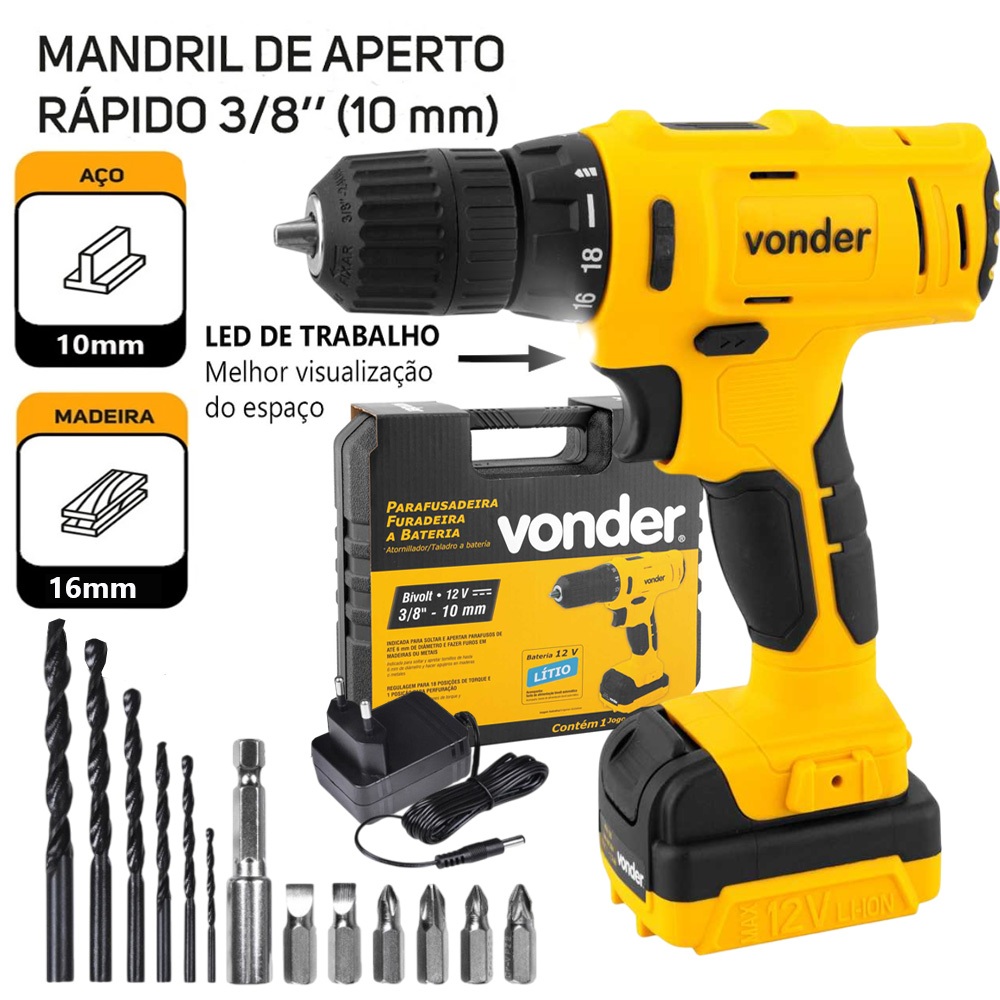 Parafusadeira Furadeira Profissional 12V PFV120 Bivolt + Broca Bits Maleta Vonder - Home & Living