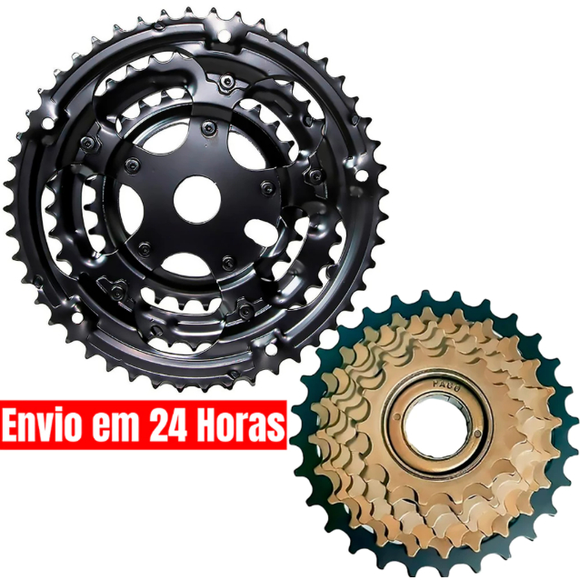 Kit Coroa Tripla Roda Dentada Aço 48D + Catraca Roda Livre de Rosca 6v Paco P/ Bicicleta 18 Marchas