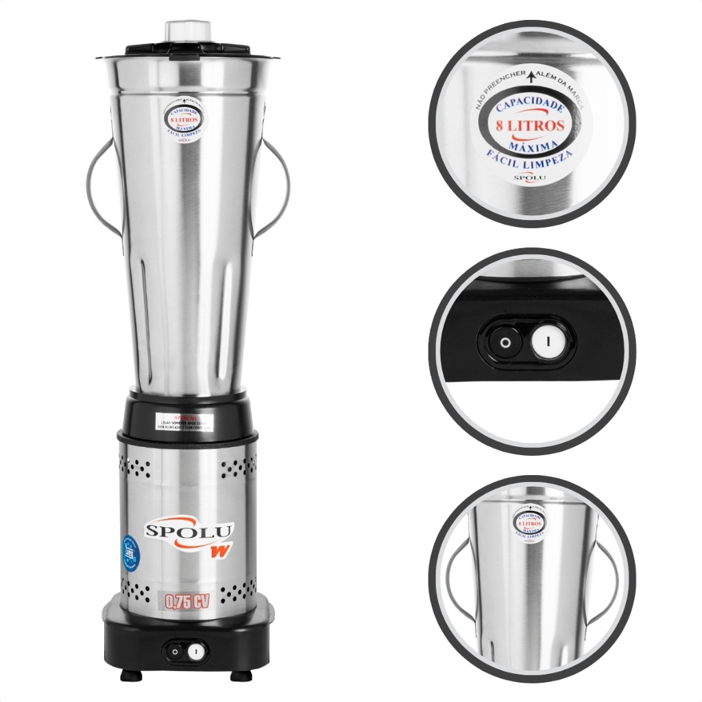 Liquidificador Industrial Inox Baixa Rotação 8 Litros Bivolt Profissional Spolu Potente 110v 220v