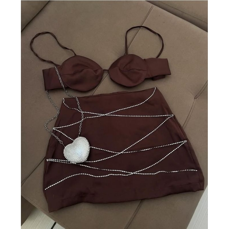 Conjunto Brilho strass Alfaiataria Vestido Strass Moda feminina Moda Paty Vestido Conjunto top e Saia