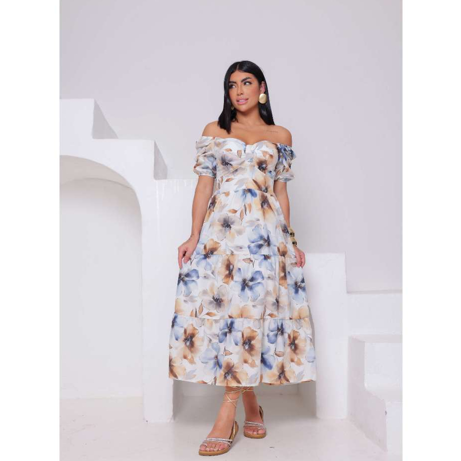 Vestido Feminino Midi em Crepe Aya (toque de seda) com Estampa Floral - Manga Curta