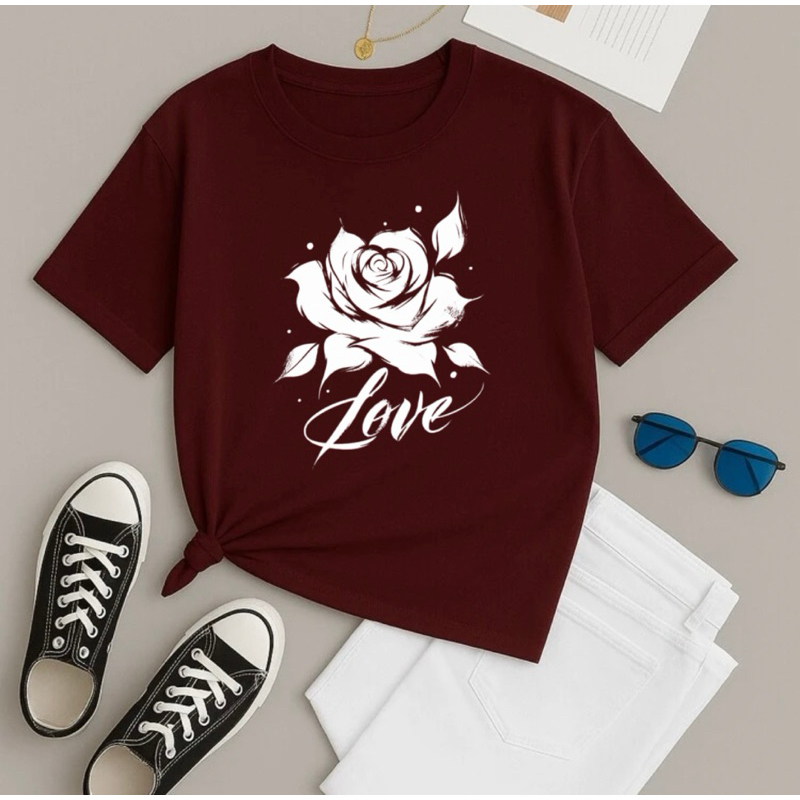 Camiseta Feminina Camisa T-Shirt Casual Dia a Dia Festa Lazer Estampada Flor Love Feminina Confortavel 100% Algodão