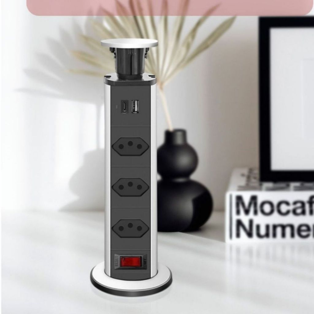 Torre de Tomada Multiplug Retrátil Embutir Mesa Bancada Cozinha Escritório USB USB-C Carregador Rápido Entrada Energia