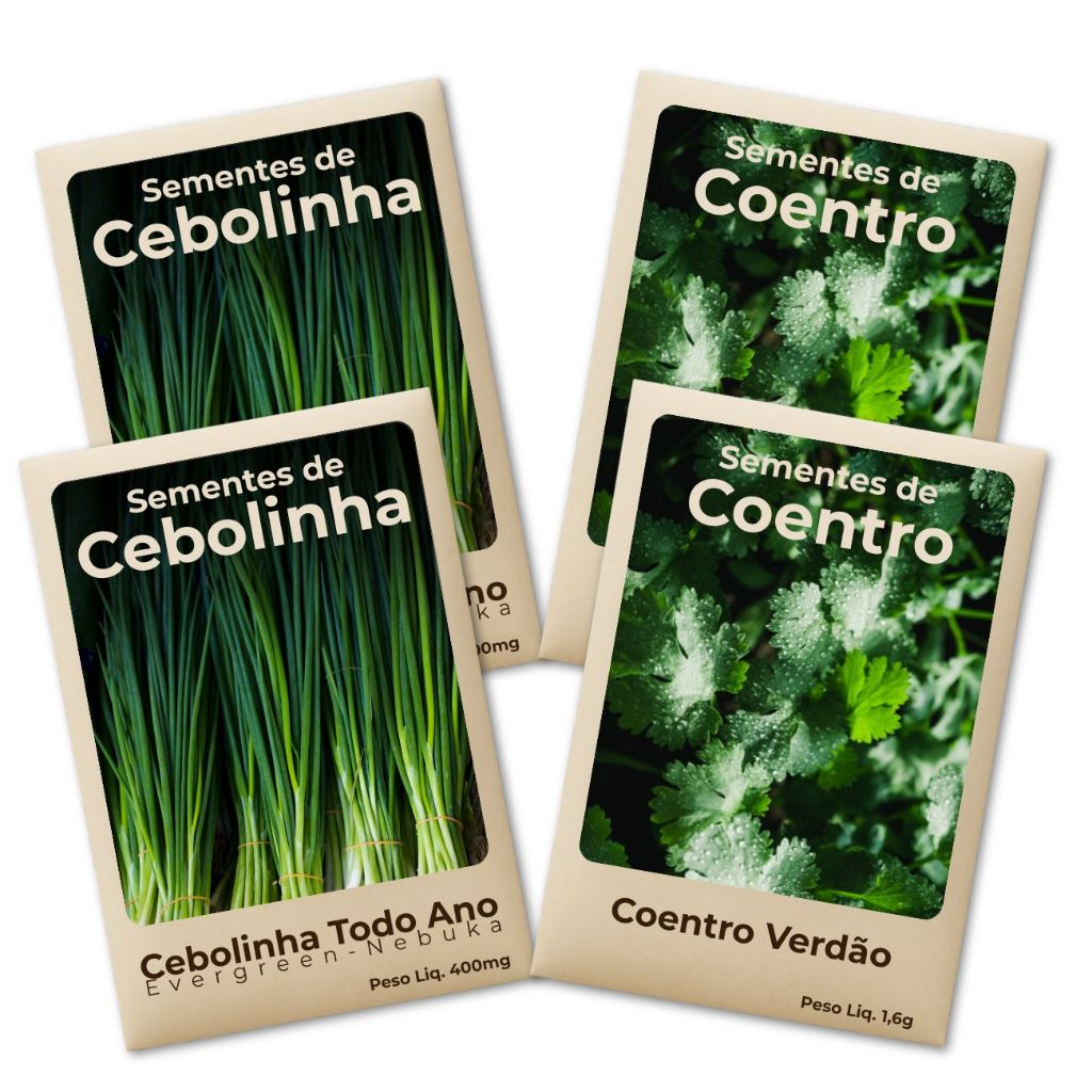Semente de cebolinha e coentro com alta germinação Kit 4 Pacotes