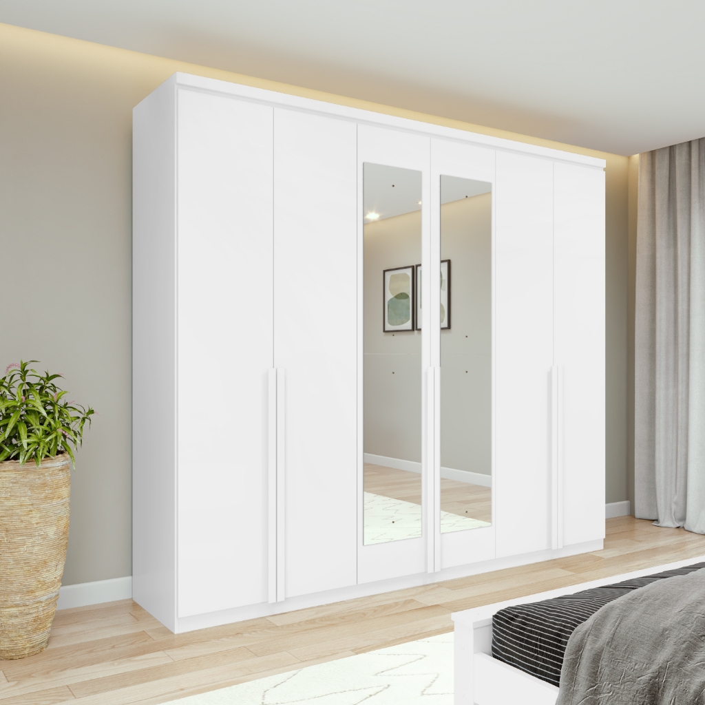 Guarda-Roupa Casal 100% MDF Alonzo 6 Portas 4 Gavetas Com Espelho Branco em Oferta na Shopee