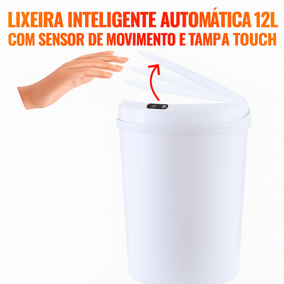 Lixeira Inteligente Automática 12L com Sensor de Movimento e Tampa Touch, USB Recarregável, Plástica, Branca – Redonda